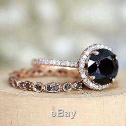 3Ct Black Diamond Vintage Bridal Set Halo Engagement Ring 14K Rose Gold Finish