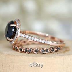 3Ct Black Diamond Vintage Bridal Set Halo Engagement Ring 14K Rose Gold Finish