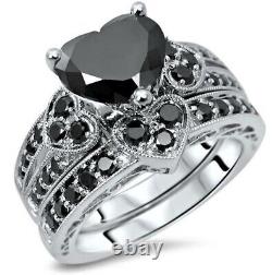 3Ct Black Heart Lab Created Bridal Set Engagement Ring 14 White Gold Finish
