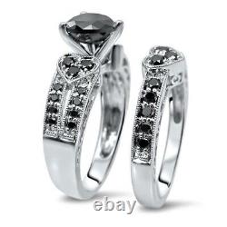3Ct Black Heart Lab Created Bridal Set Engagement Ring 14 White Gold Finish