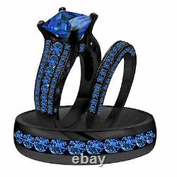3Ct Blue Sapphire Engagement His & Her Trio Set Ring Band 14K Black Gold Finish