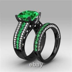3Ct Cushion Cut Emerald Diamond Halo Bridal Set Ring 14K Black Gold Finish