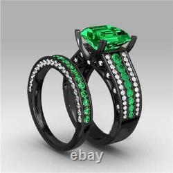 3Ct Cushion Cut Emerald Diamond Halo Bridal Set Ring 14K Black Gold Finish
