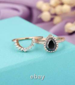 3Ct Pear Cut Black Diamond Halo Engagement Ring Bridal Set 14K Rose Gold Finish