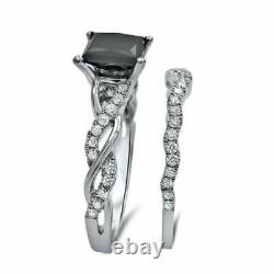 3Ct Princess Cut Black Diamond Bridal Set Engagement Ring 14K White Gold Finish