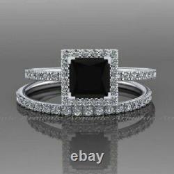 3Ct Princess Cut Black Diamond Engagement Ring Bridal Set 14K White Gold Finish
