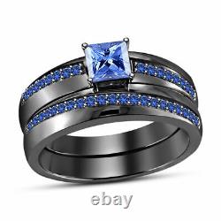 3Ct Princess Cut Blue Sapphire Bridal Set Eternity Ring in 14K Black Gold Finish