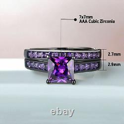 3Ct Princess Cut Purple Amethyst Wedding Bridal Ring Set 14K Black Gold Finish