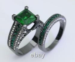3Ct Princess Lab-Created Green Emerald Womens Wedding Ring Set Black Gold Finish