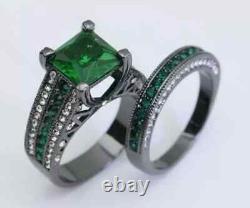 3Ct Princess Lab-Created Green Emerald Womens Wedding Ring Set Black Gold Finish