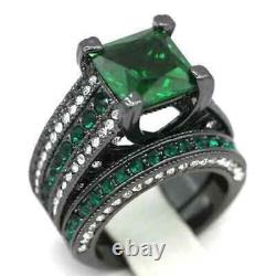 3Ct Princess Lab-Created Green Emerald Womens Wedding Ring Set Black Gold Finish