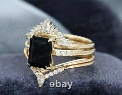 3.00CT Emerald Cut Black Onyx Engagement Ring Bridal Set 14K Yellow Gold Finish