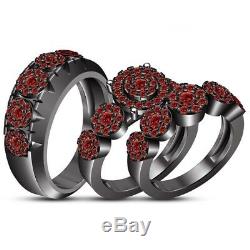 3.00CT Red Garnet 14K Black Gold Finish His Her Wedding Engagement Trio Ring Set
