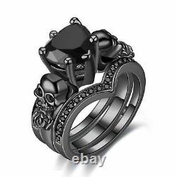 3.0 Ct Heart Lab Created Black Onyx Skull Bridal Set Ring 14k Black Gold Finish
