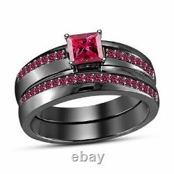 3.20Ct Princess Cut Red Garnet Bridal Set Eternity Ring in 14K Black Gold Finish