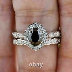 3.25 Ct Oval Cut Black Diamond Lab Created Bridal Ring Set 14K White Gold Finish