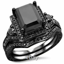 3.40Ct Emerald Black Diamond Bridal Set Engagement Ring 14K Black Gold Finish