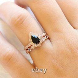 3.40Ct Pear Cut Black Diamond Bridal Set Engagement Ring 18K Rose Gold Finish