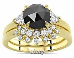 3.40Ct Round Cut Black Diamond Bridal Set Engagement Ring 14K Yellow Gold Finish