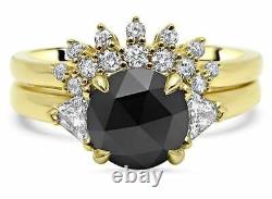 3.40Ct Round Cut Black Diamond Bridal Set Engagement Ring 14K Yellow Gold Finish