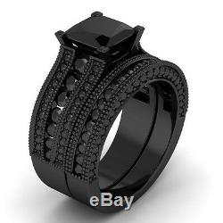 3.50CT Princess Cut Black Diamond Engagement Ring Set 14K White Gold Finish