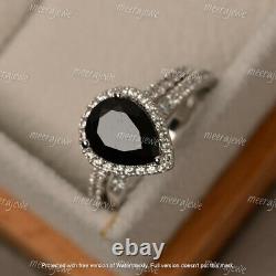 3.50Ct Pear Cut Black Diamond Bridal Set Engagement Ring 14K White Gold Finish