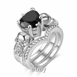 3.60Ct Heart Black Diamond Skull Bridal Set Wedding Ring 14k White Gold Finish