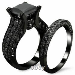 3.80Ct Princess Cut Black Diamond Wedding Bridal Set Ring 18K Black Gold Finish