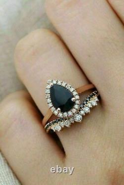 3 Ct Pear Cut Black Diamond Halo Bridal Set Engagement Ring 14K Rose Gold Finish
