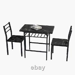 3-Piece Dining Table Set with 2 Chairs, Black Frame+Printed Black Marble Finish