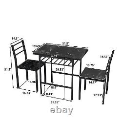 3-Piece Dining Table Set with 2 Chairs, Black Frame+Printed Black Marble Finish