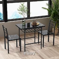 3-Piece Dining Table Set with 2 Chairs, Black Frame+Printed Black Marble Finish