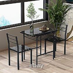 3-Piece Dining Table Set with 2 Chairs and Black Frame+Printed Marble Finish