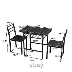 3-Piece Dining Table Set with 2 Chairs and Black Frame+Printed Marble Finish