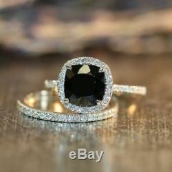 3ct Cushion Black Diamond 14k White Gold Finish Engagement Bridal Ring set