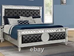 3pc Luxury Black King Size Bed Silver Finish Solid Wood Bedroom Furniture Set
