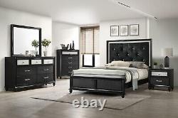 3pc Modern Black Finish Faux Crystal Tufted King Size Panel Bed Set Furniture