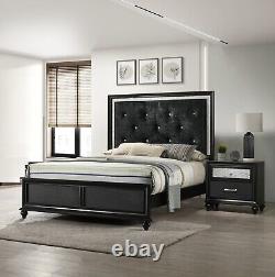 3pc Modern Black Finish Faux Crystal Tufted King Size Panel Wooden Bedroom Set