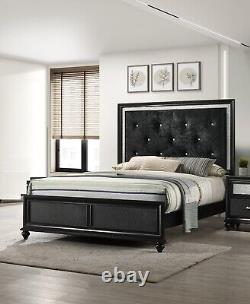 3pc Modern Black Finish Faux Crystal Tufted Queen Size Panel Bed Set Furniture