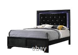 3pc Modern Full Size LED Bed Chest Nightstand Set Black Finish Bedroom Furniture