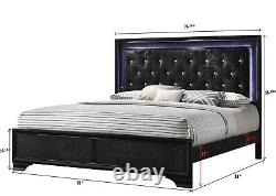 3pc Modern King Size LED Bed Chest Nightstand Set Black Finish Bedroom Furniture