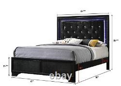 3pc Modern Queen LED Bed Chest Nightstand Set Black Finish Bedroom Furniture