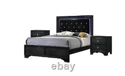 3pc Upholstery California King Panel LED Light HB Bed Set Black Finish Furniture