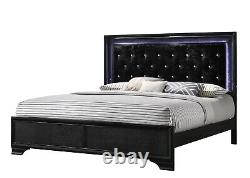 3pc Upholstery California King Panel LED Light HB Bed Set Black Finish Furniture