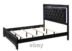 3pc Upholstery California King Panel LED Light HB Bed Set Black Finish Furniture