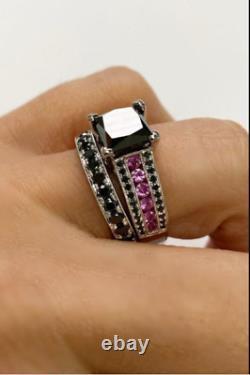 4CT Princess Cut Black Diamond Bridal Set Engagement Ring 14k White Gold Finish