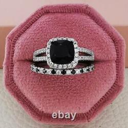 4Ct Cushion Cut Black Diamond Bridal Set Engagement Ring 14K White Gold Finish