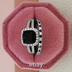 4Ct Cushion Cut Black Diamond Bridal Set Engagement Ring 14K White Gold Finish