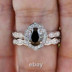 4Ct Oval Cut Black Diamond Bridal Halo Engagement Ring Set 14K White Gold Finish