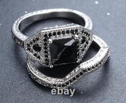4Ct Princess Black Diamond Bridal Set Halo Ring Twist Band 14K White Gold Finish